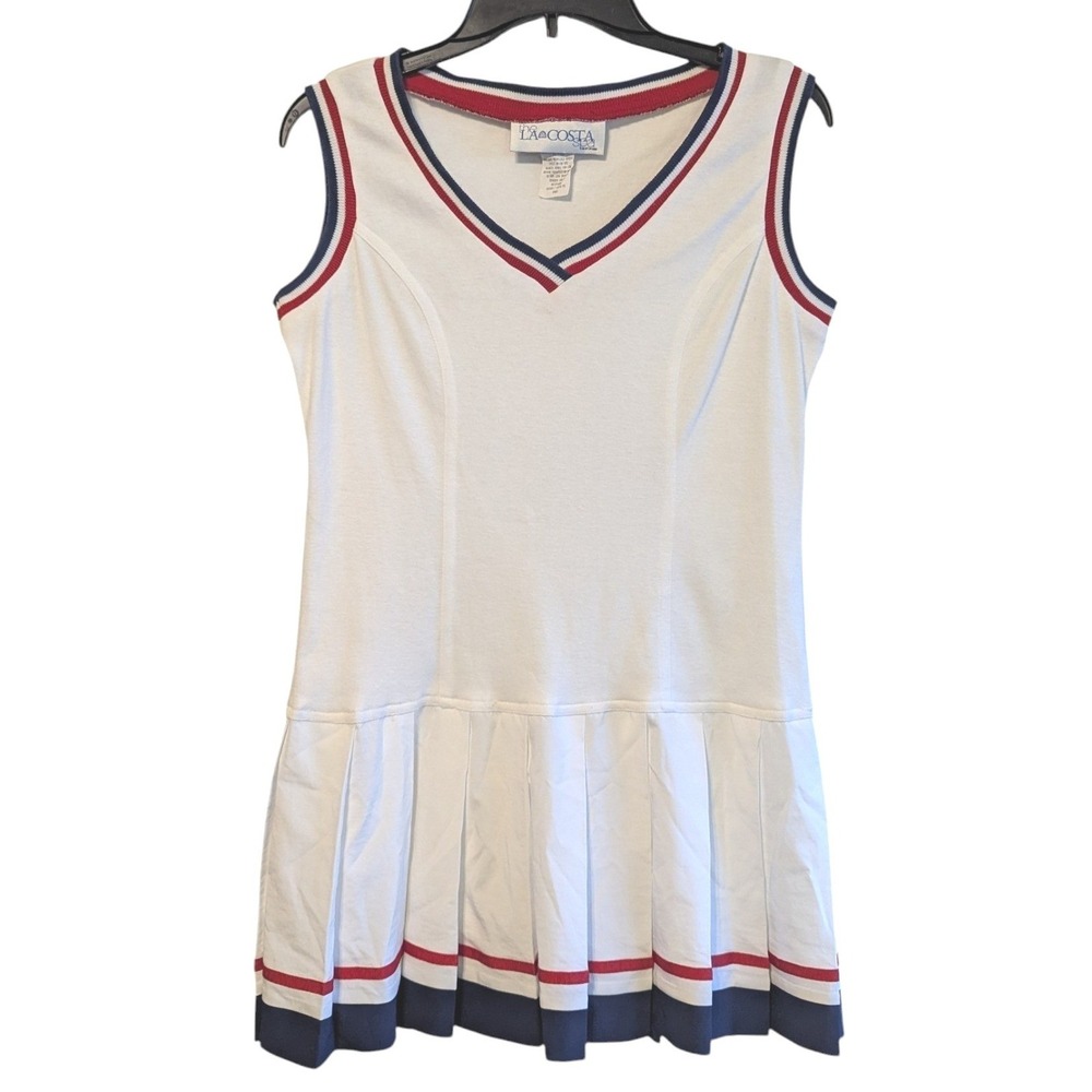Vintage La Costa Spa Tennis Dress White Red Blue Pleated Drop Waist Small USA